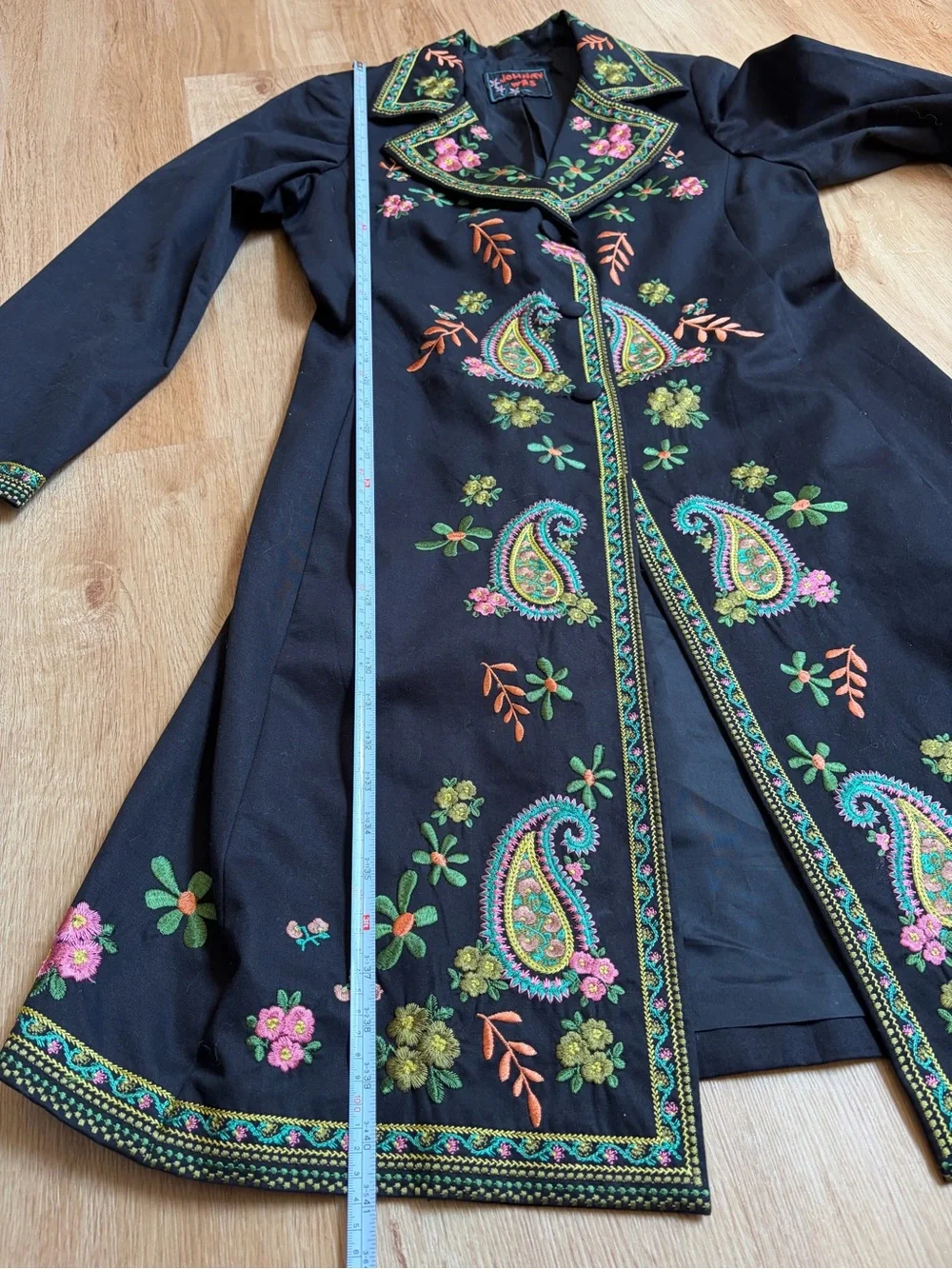 Johnny Was Black Jacket Duster Pink Yellow and Green Floral Embroidery Coat $399 - Picture 8 of 8